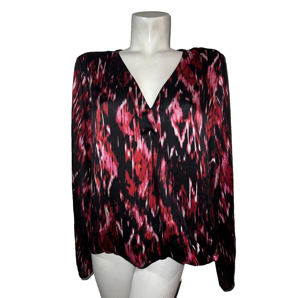 Vince Camuto Red Pink Ikat Surplice Wrap V-Neck Blouse Top Womens Large L Chic